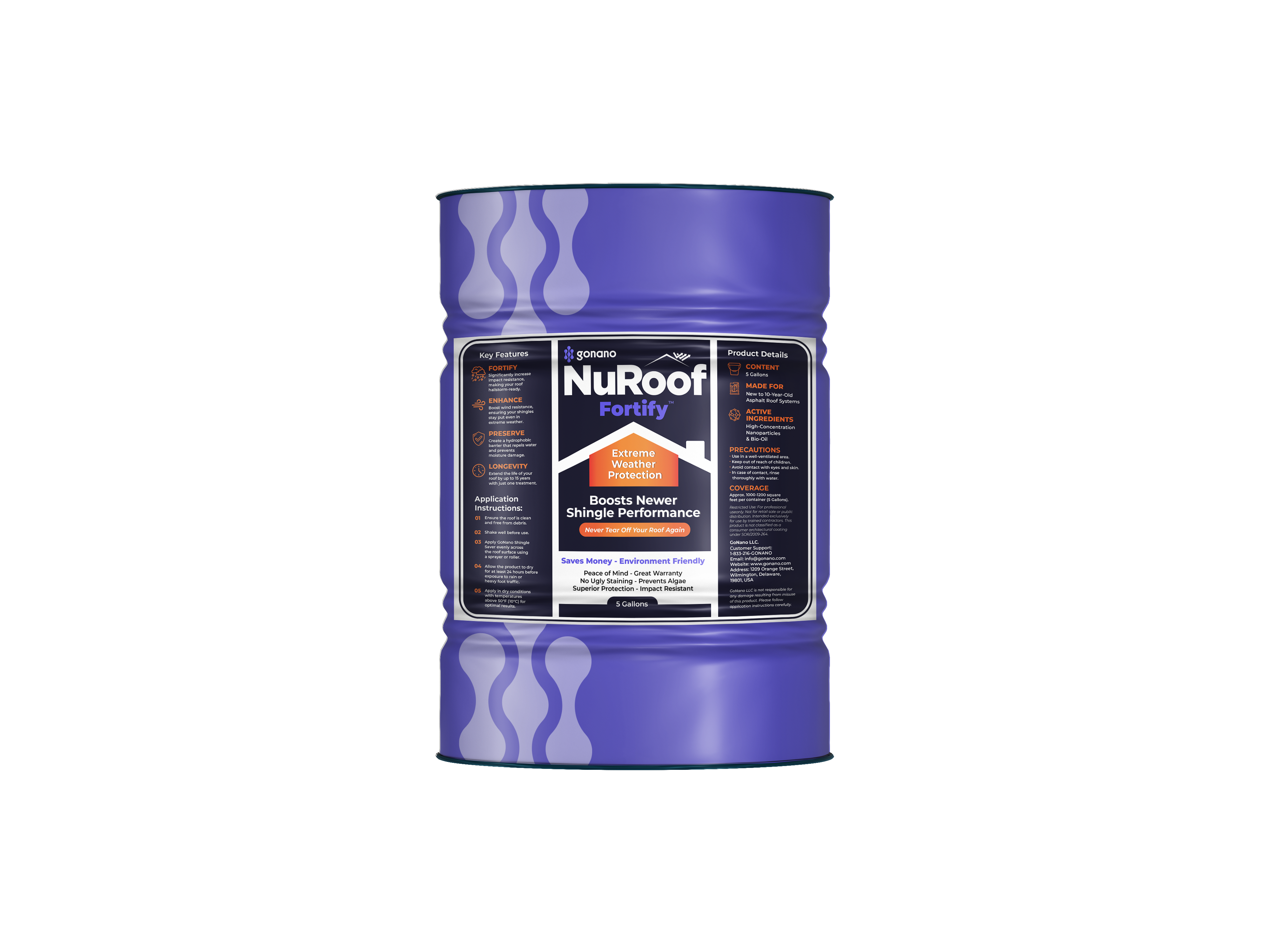 GoNano NuRoof Fortify 5-gallon barrel — new roof protection treatment