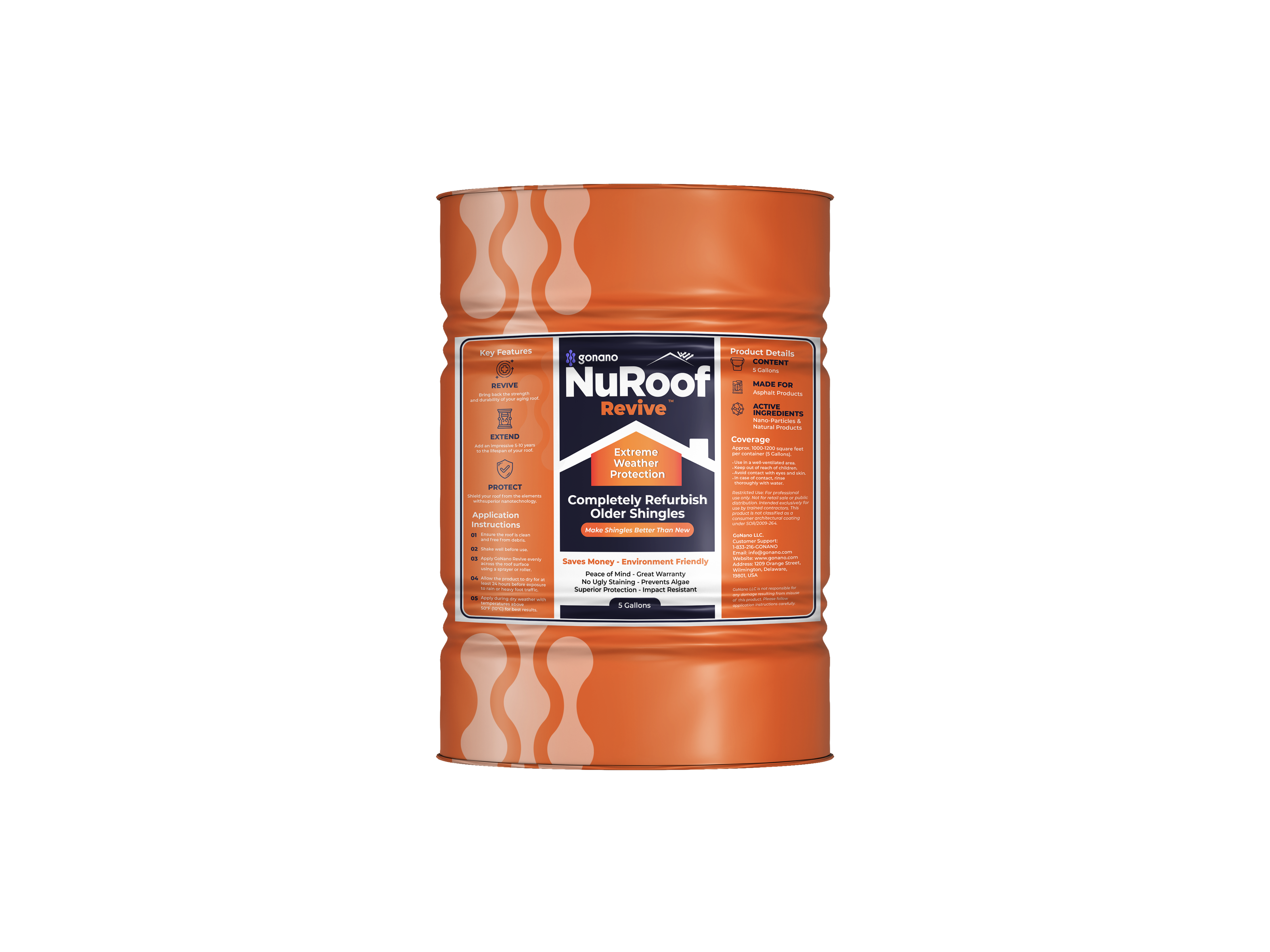 GoNano NuRoof Revive 5-gallon barrel — roof rejuvenation treatment