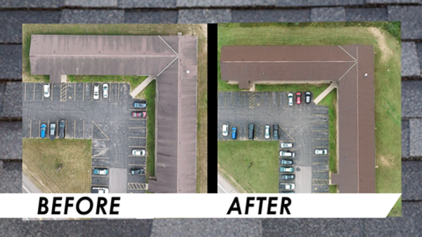 GoNano NuRoof Revive treatment before and after on a commercial roof in Central Alberta